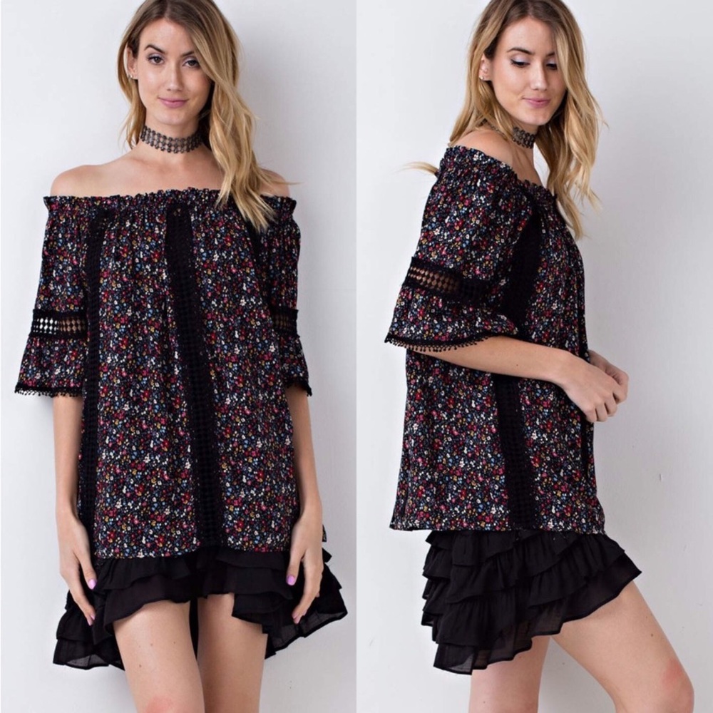Off-Shoulder Printed Trim Tunic Top